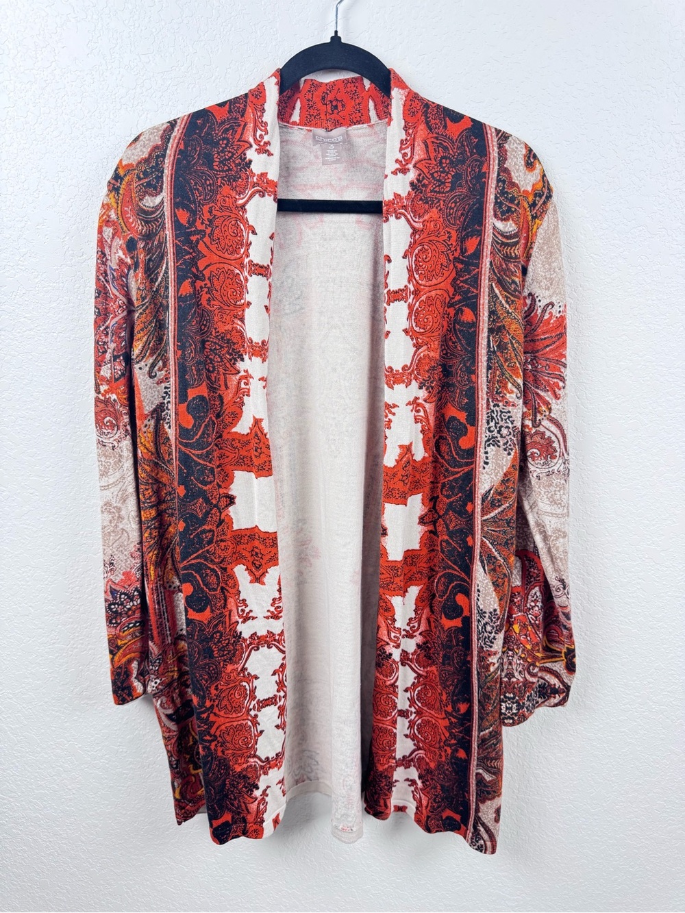 Chicos Open-Front Red Paisley Print Cardigan Sweater Fall